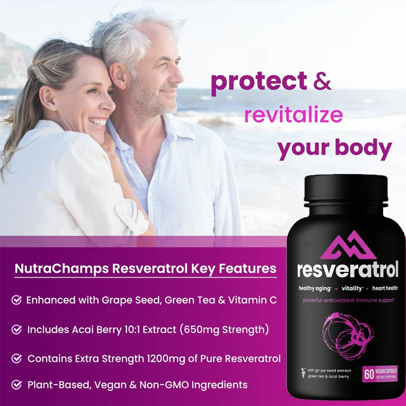 Resveratrol Supplement 60 Pure Plant Capsules with Trans Resveratrol, Green Tea, Raspberry and Grape Seed Extracts