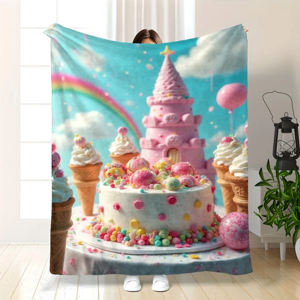 1pc Candyland Themed Throw Blanket - Ultra-Soft Lightweight Flannel Bedspread with Lollipop & Ice Cream Patterns, Pastel Colors