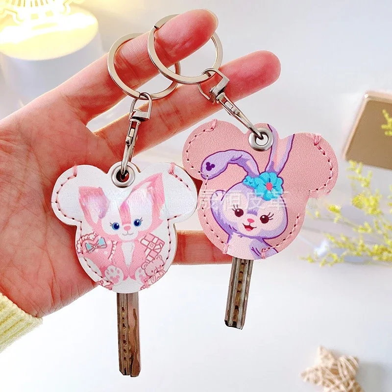 Disney Cute Stitch Winnie the Pooh Mini Key Holder PU Leather Key Bag Cartoon Mickey Minnie Key Case Access Card Protection Clip