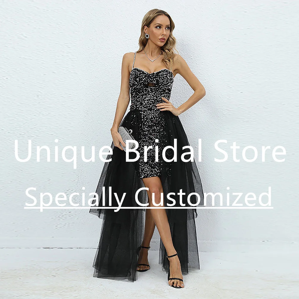 

Customized Women's Sexy Prom Gown Shoulder Strap Sweetheart Sequin Backless Zipper Tiered Tulle Formal Party Elegant Short Eveni