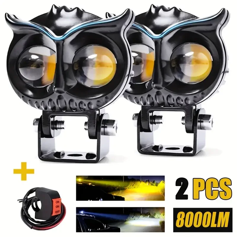 2PCS 8000LM Motorcycle LED Auxiliary Headlights With Control Switch Dual Color ATV Scooter Driving For Racer Spotlight