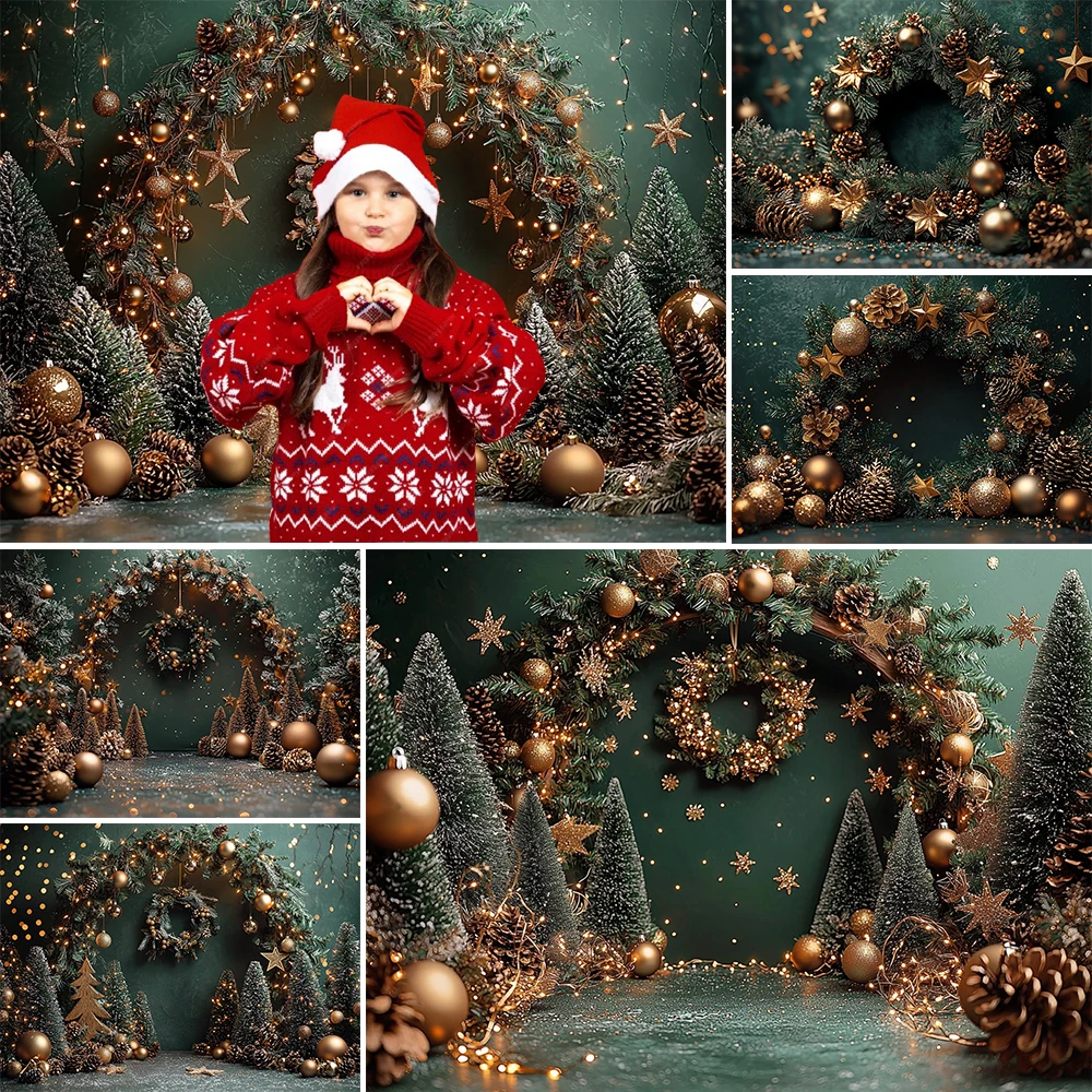 Fondo de fotografía de Navidad, corona de árbol de Navidad, suministros de decoración de estrellas doradas, fondos de retrato de foto de vacaciones para niños
