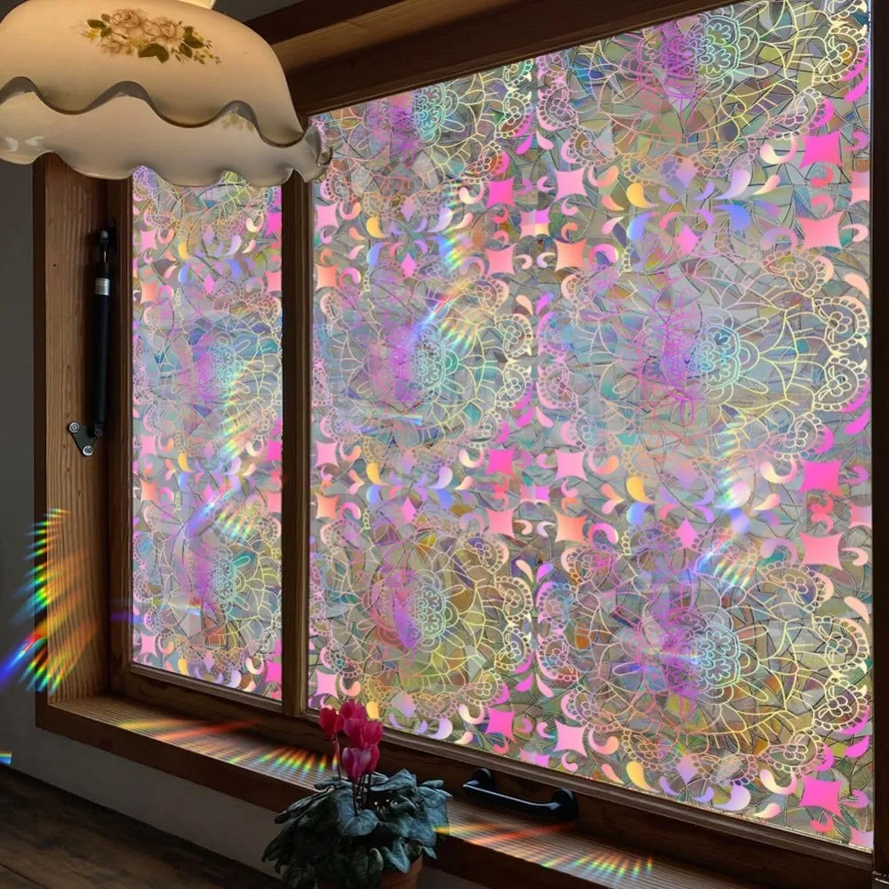 39,4 x 17 Zoll Mandala-Buntglasfenster, Sichtschutzfolie, 3D-Regenbogen, dekorative Fensteraufkleber, nicht klebende Wärme