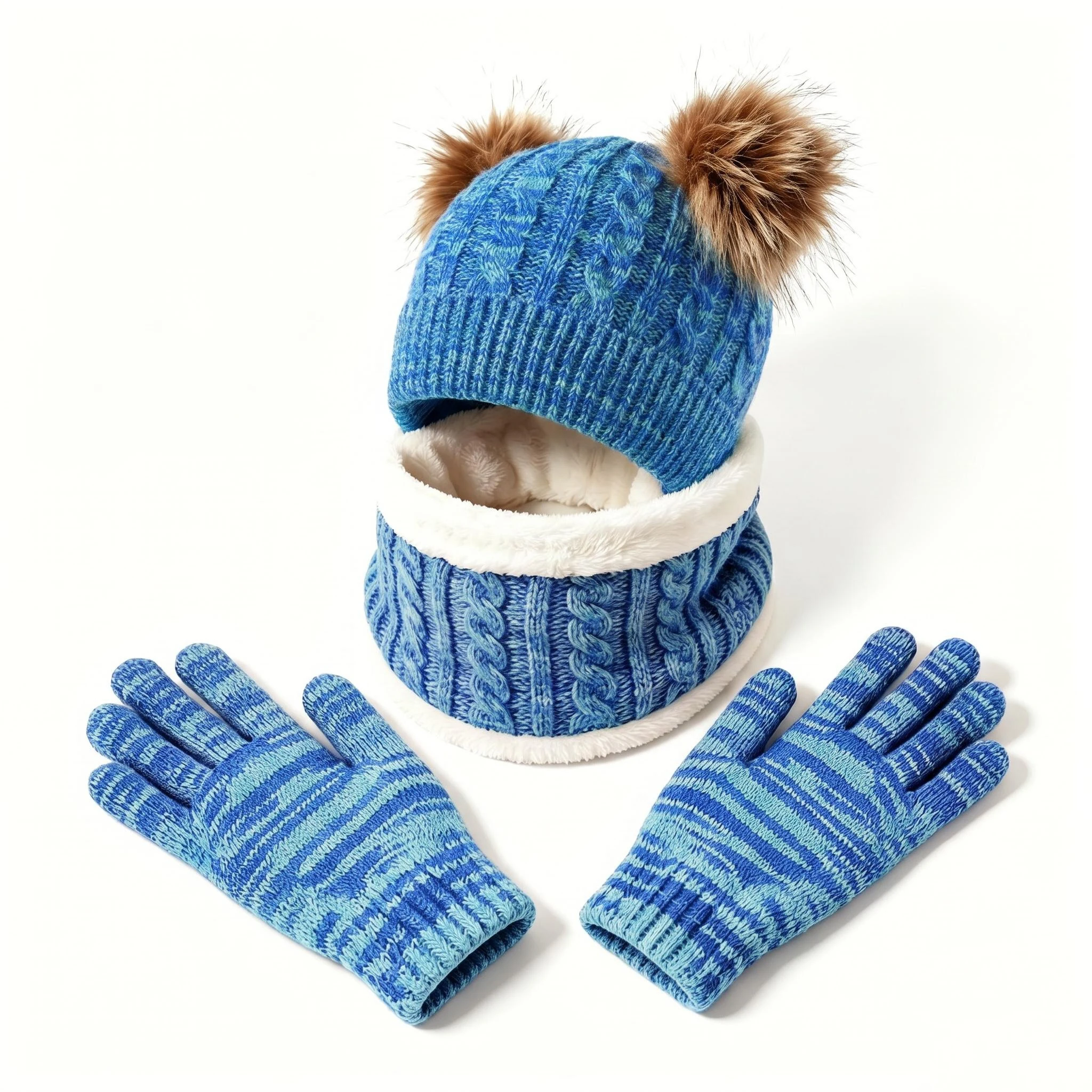 Set di 3 pezzi in stile retrò per bambini: cappello invernale a doppia palla, sciarpa e guanti in maglia.