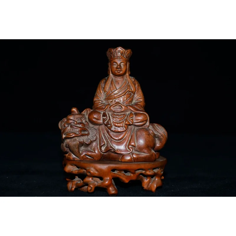 

4.7" Collect Chinese Box-wood Carving Sit Beast Ksitigarbha Boddhisattva Statue Craft Gift Decoration Home Decore