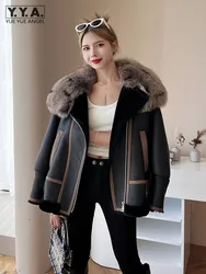 Winter Women Luxury Fox Fur Collar Moto Biker Natural Shearling Jacket Real Fur Wool Lining Loose Fit Coat Thick Warm Overcoat