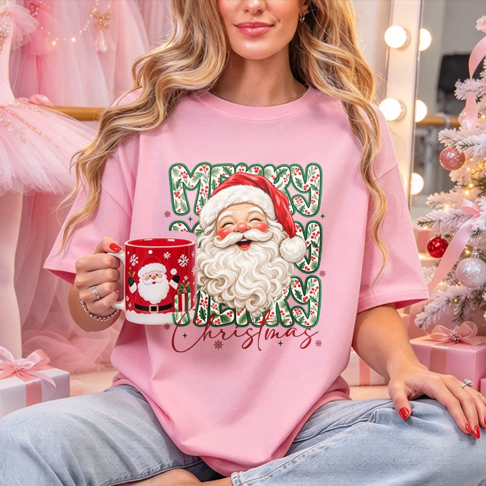 Merry Christmas Santa Holly Berry Letter Graphic T Shirt Cute Vintage Santa Claus Festive Xmas Holiday Casual Cotton Tees Gift