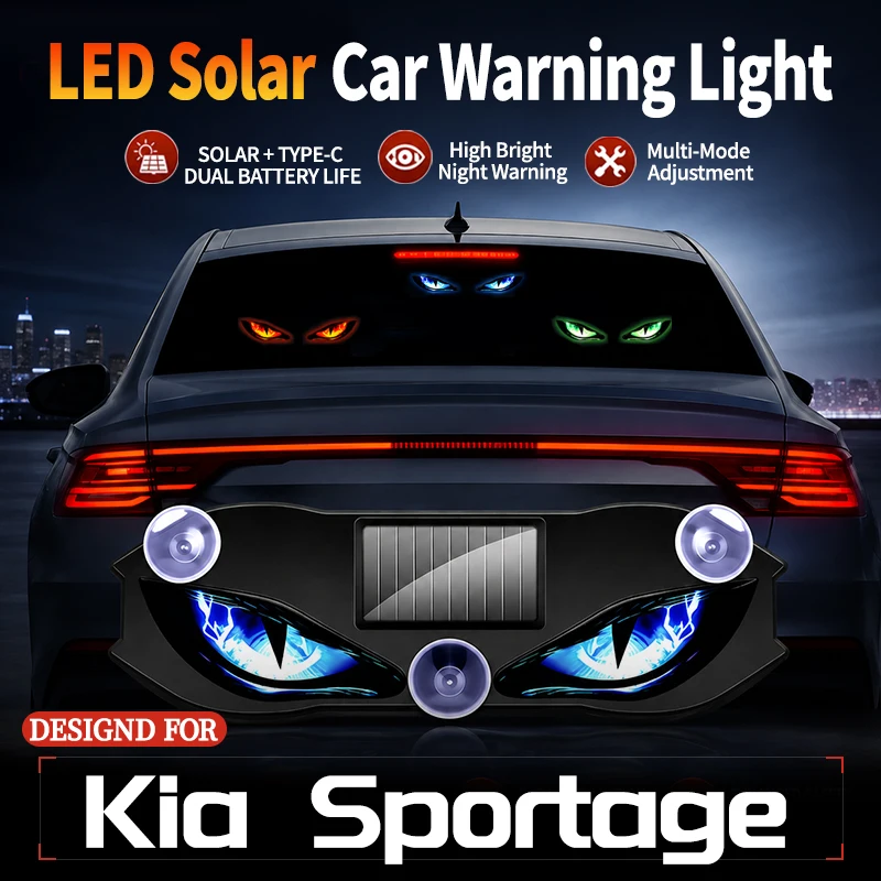 Fits For Kia Sportage LED Devil Eye Blinking Light Vibration Sensor Wireless Dynamic Anti Rear End Collision Solar Warning Light