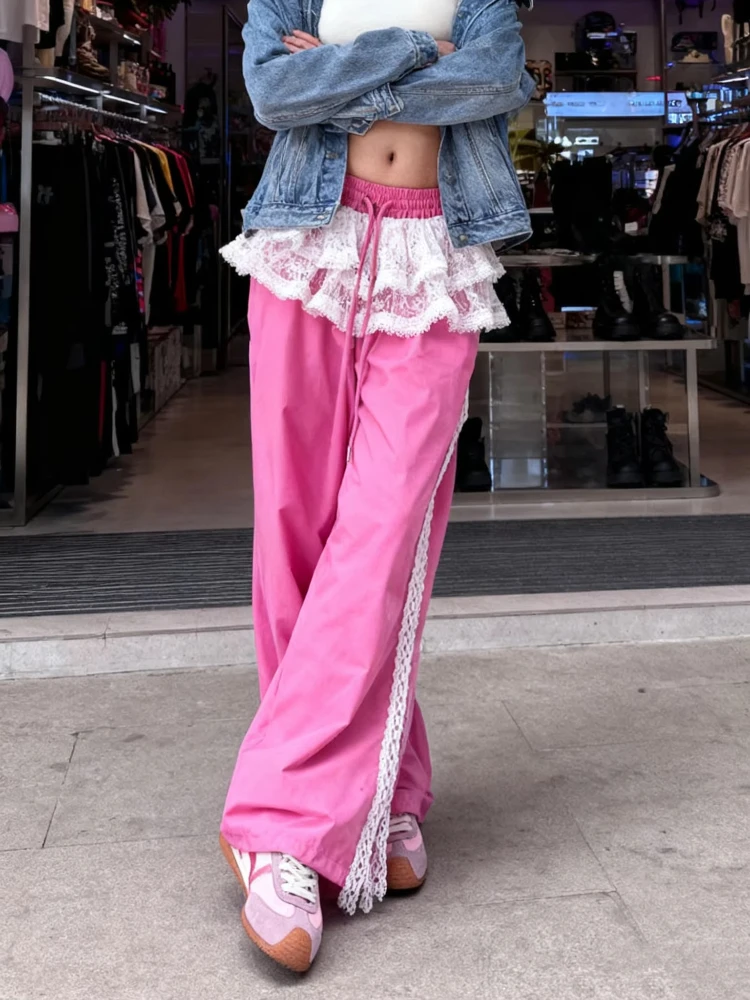 Трендовые брюки с широкими штанинами для женщин в стиле весна/лето, контрастные цвета, американский ретро-стиль, пэчворк, кружевная отделка, повседневные брюки в стиле спайси-гёрл.