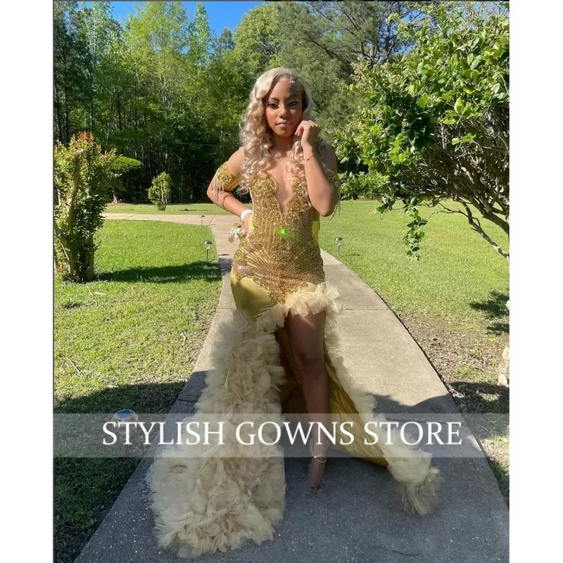 Sexy Lace Split Prom Dress Champagne Sparkling Diamante Beaded High Split Customized Party Dresses