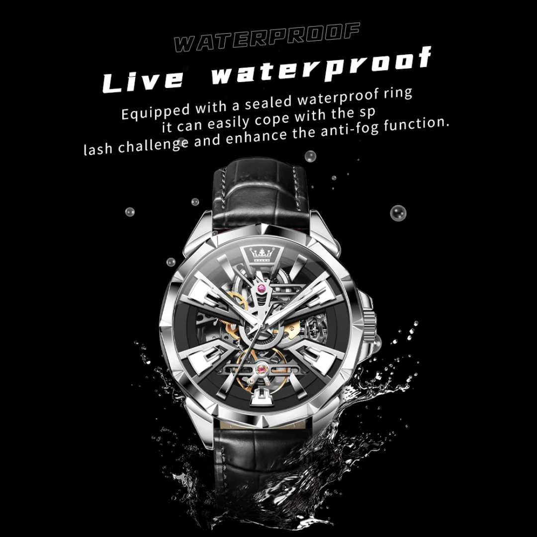 OLEVS 7051 Mechanical Fashion Watch Gift Round-dial Genuine Leather Watchband Wristwatch Luminous