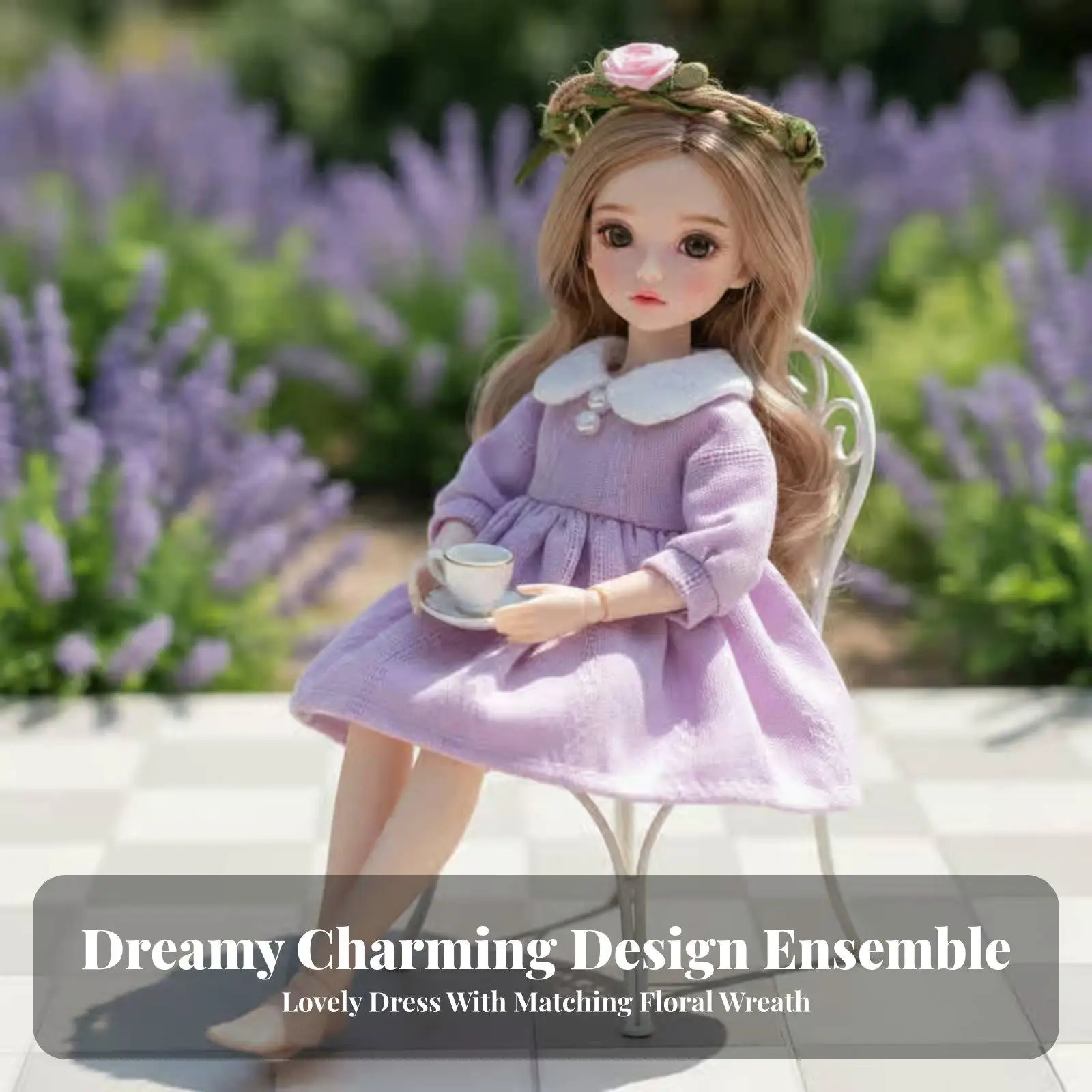 Enchanting Miniature Gown for OB11 BJD Dolls Featuring Pearl Accents Flower Wreath and Fluffy Long Skirt Design