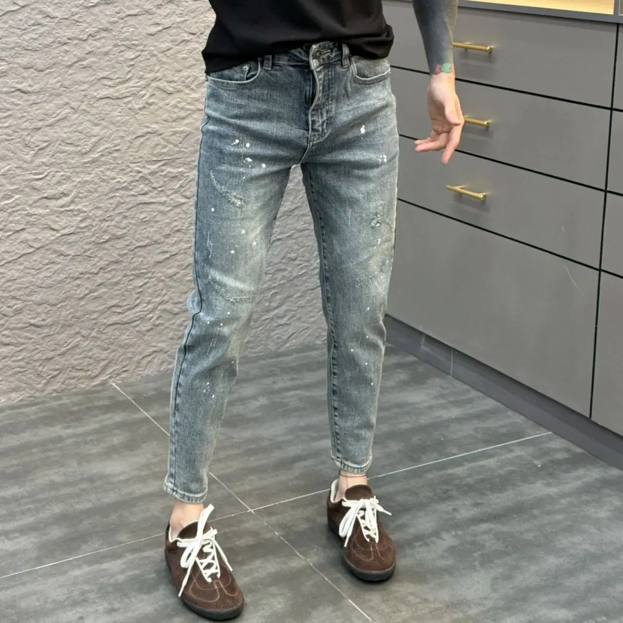 

Menswear Clothing Luxury 2026 New Trendy Fashion Retro Ink Splashing Jeans Slim 2025 Ripped Small Feet Casual Korean Pants Man