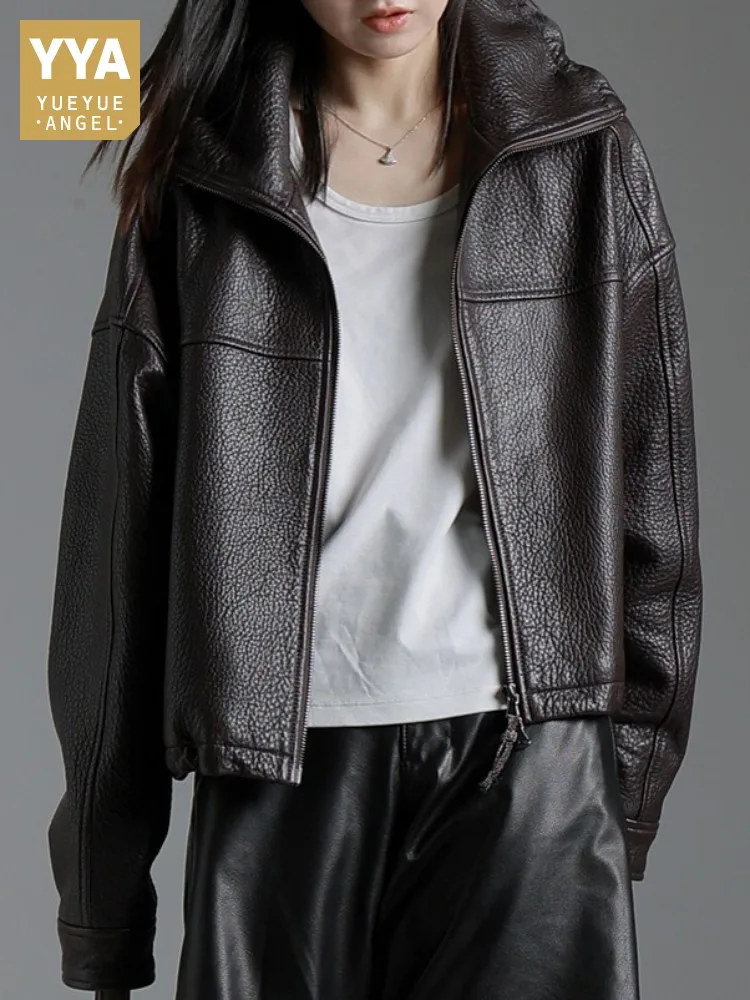 Leisure Style Solid Color Genuine Leather Jacket Ladies Handmade Turn-Down Collar Zipper Long Sleeves Sheepskin Outerwear