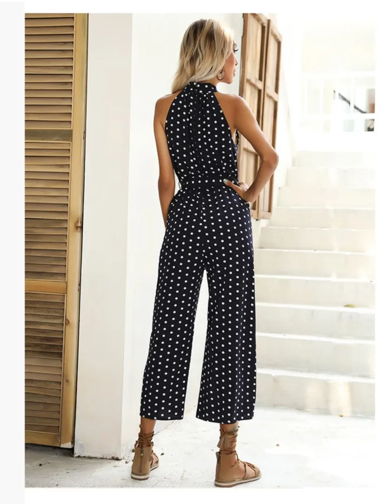 Donne di estate Casual Tuta Moda Elegante Polka Dot Stampa a gamba larga Pagliaccetto lungo Sexy Nero Halter Tuta con cintura Nuovo 2024