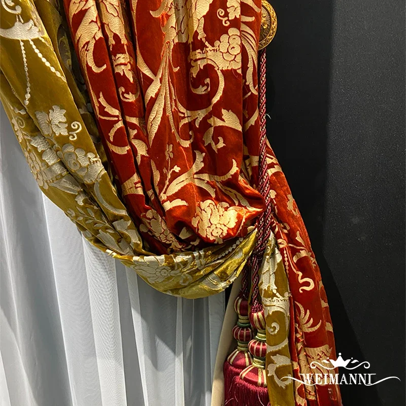 European Embroidered Luxury Velvet Curtains For Living Room Bedroom Yarn Window Curtains Customize Stamping American Retro