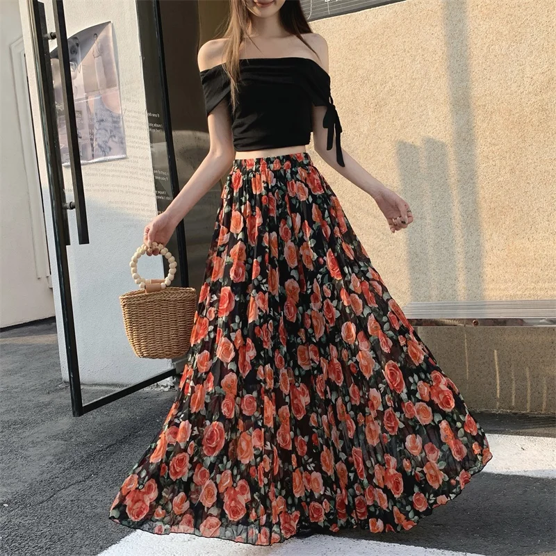 Spring Summer Floral Print Chiffon Maxi Skirt with Pockets A-Line Half-length Summer Vacation Traveling Pleated Gown