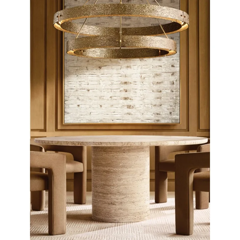 

Nordic Internet celebrity round natural marble dining table small household Roman travertine round table