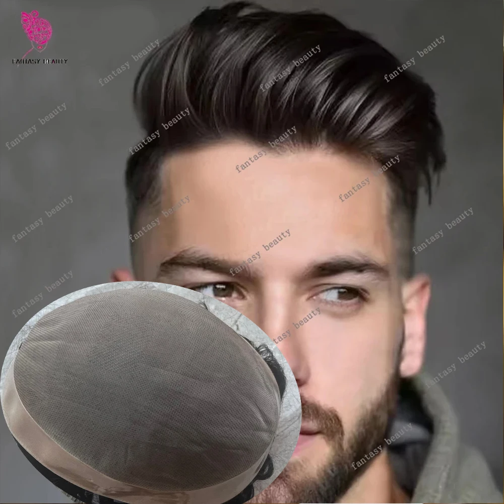 

Европейский коричнево-черный парик из натуральных человеческих волос для мужчин, незаметный, с тонкой моно-основой, удобный, прочный, мужской тупе, система замещения волос, протез