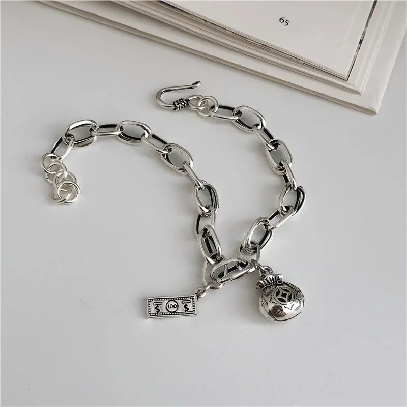 

S925 Sterling Silver Retro Dollar money Bag Chain Bracelet Female Personality Hip Hop Style For Women