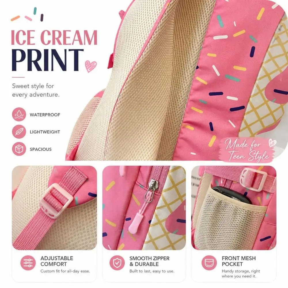 3PCS Stylish Ice Cream Print Backpack Set Lightweight Spacious School Backpack Colorful Durable Printed Schoolbag Teenagers