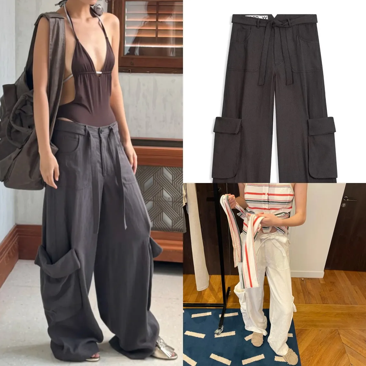 Estate nuovo marrone casual Dstring cerniera grande ket pantaloni da lavoro donna vita alta gamba larga strada Sle regolare sottile