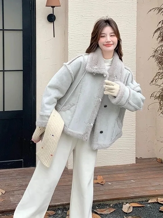 Coreano Sle Thiened Pelle scamosciata Jaet Donna Loose Fit Pelliccia Pelle Inteata Autunno Inverno Nuovo arrivo ort Capispalla