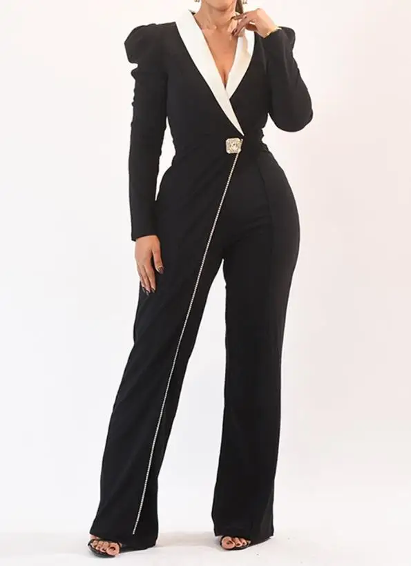 Jumpsuit Women 2025 Spring Colorblock Long Puff Sleeve Jumpsuit with Shawl Collar Casual Faux Two Piece Button Details Romper