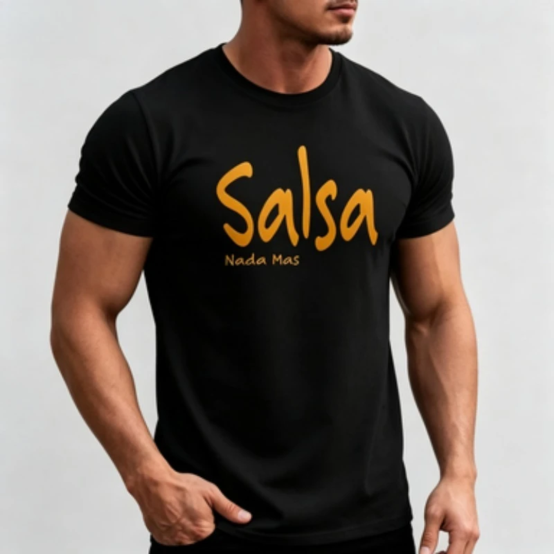 Men Cotton Crew Neck T‑Shirt, Slim Standard Fit Tee, Salsa Nada Mas Letter Print Salsa Dance Lover Casual Short Sleeve Tops