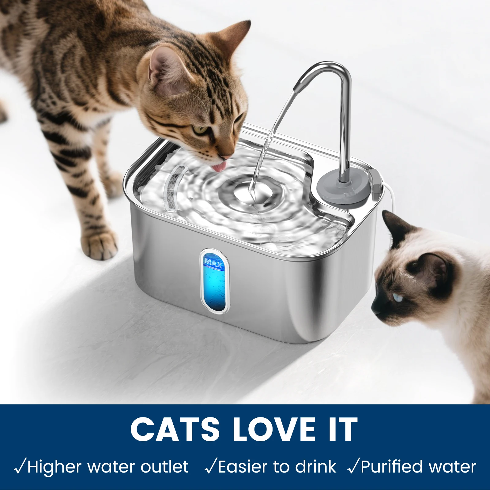 

Stainless Steel USB Plug-in Cat Water Fountain Automatic Flowing Water Dispenser Ultra Quiet Filtered Bowl for Unattended Pet
