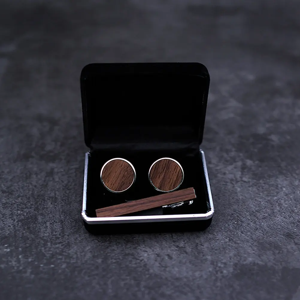 1Set Walnut Wood Men Tie Clip and Cuff Links Set Alloy Material Sturdy Necktie Fixing Clip Fashion Shirt Fastener Decorative
