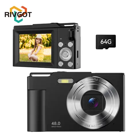RIVGOT 디지털 카메라, FHD 1080P 카메라, 십대용 비디오 카메라, 16X 줌 촬영 카메라, 소녀 소년 컴팩트 카메라, 64GB 카드