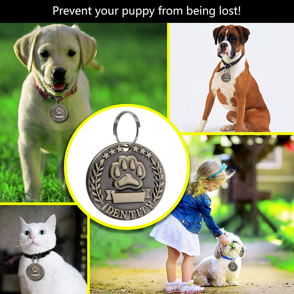 Etiqueta de identificación de mascotas grabada personalizable para perro y gato, placa de identificación de bronce, personalizada, antipérdida,