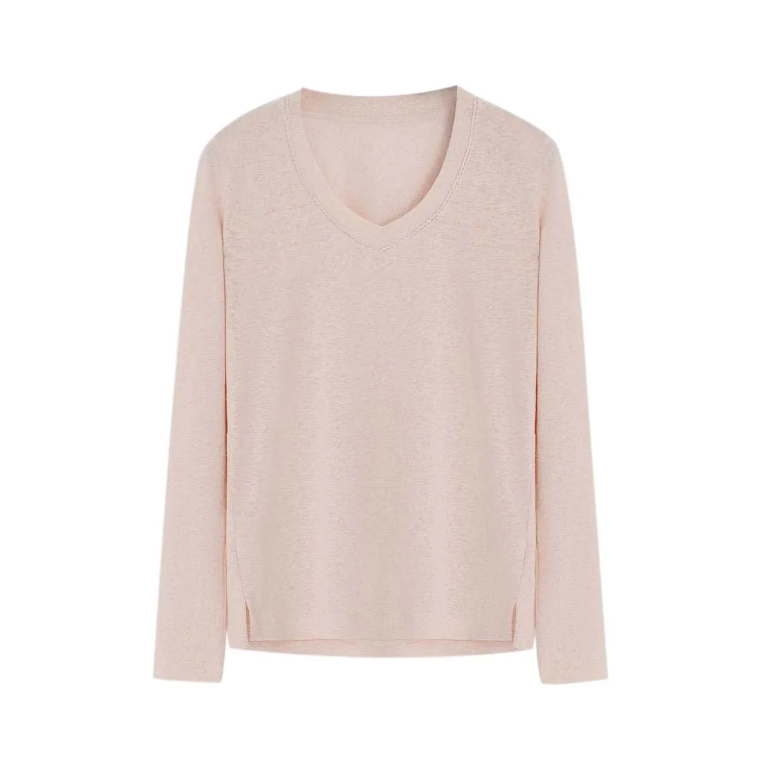 

Женская повседневная футболка с V-образным вырезом из хлопка и льна, с длинным рукавом и фестончатой отделкой