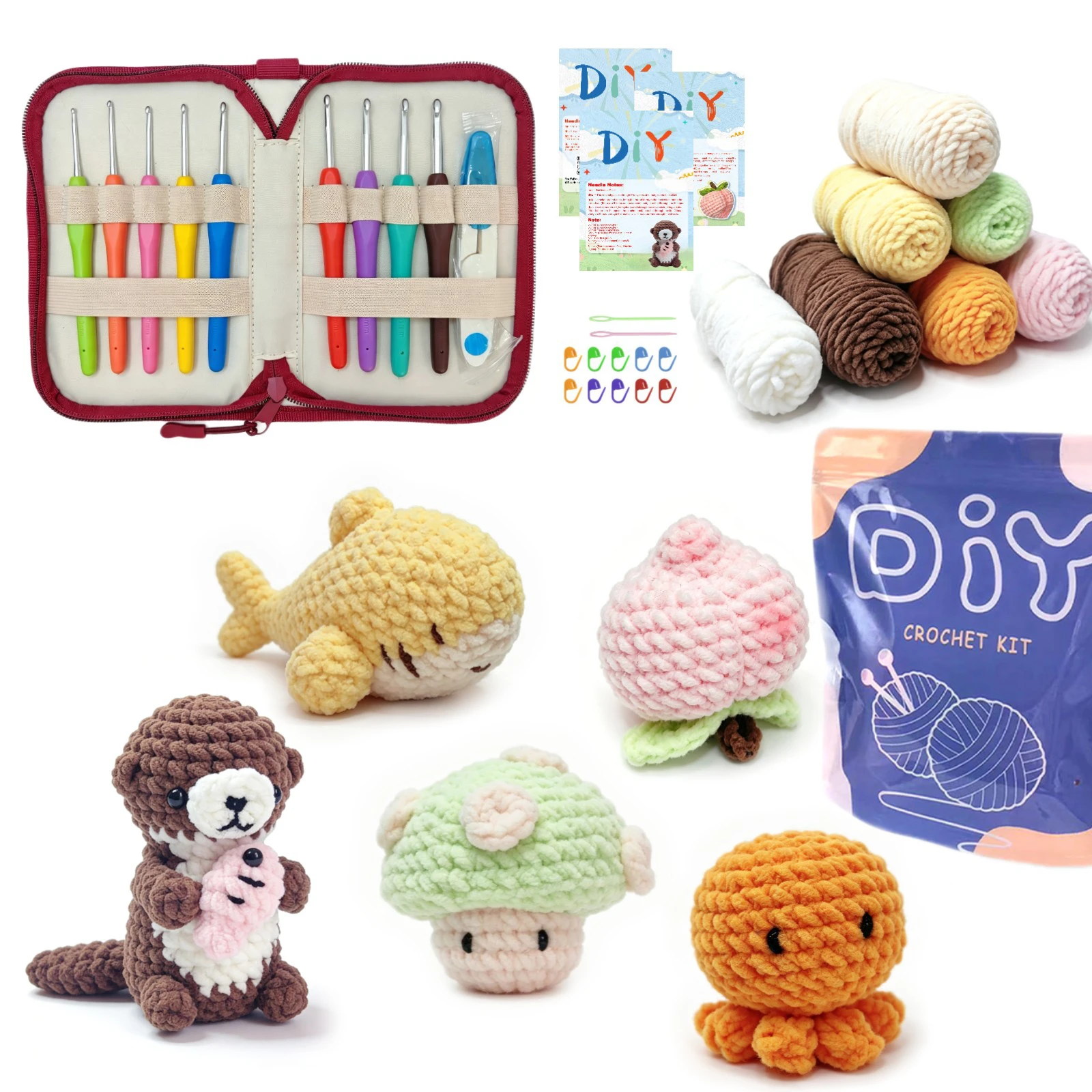AMAXIN 5pcs Animal Crochet Tool Kit for Beginners-Easy Learn to Starter Amigurumi Knitting Kit and Yarn Craft Ki