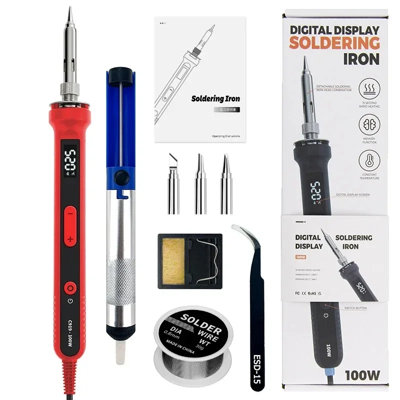 

100W Digital Electric Soldering Iron Kit Set 220V Temperature Adjustable Welding Tool Ceramic Heater Soldering Tips Kit ﻿