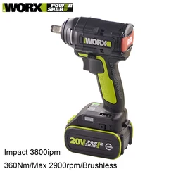 Worx Cordless Impact Wrench Brushless WU279 20v 360Nm 2900rpm 3800ipm Reverse Auto Stop Universal 5pin Green & Kress Battery