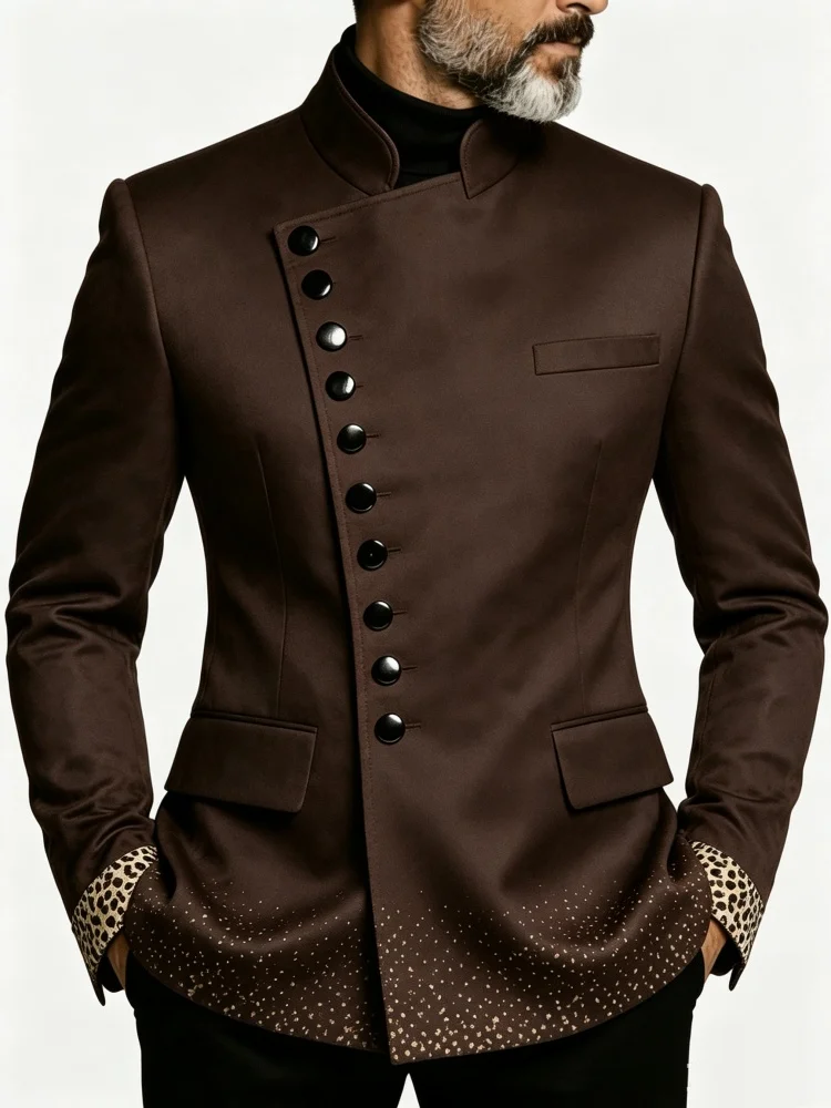 Mens Stand Collar Brown Leopard Cuff Gradient Dot Slim Fit Fashion Blazer