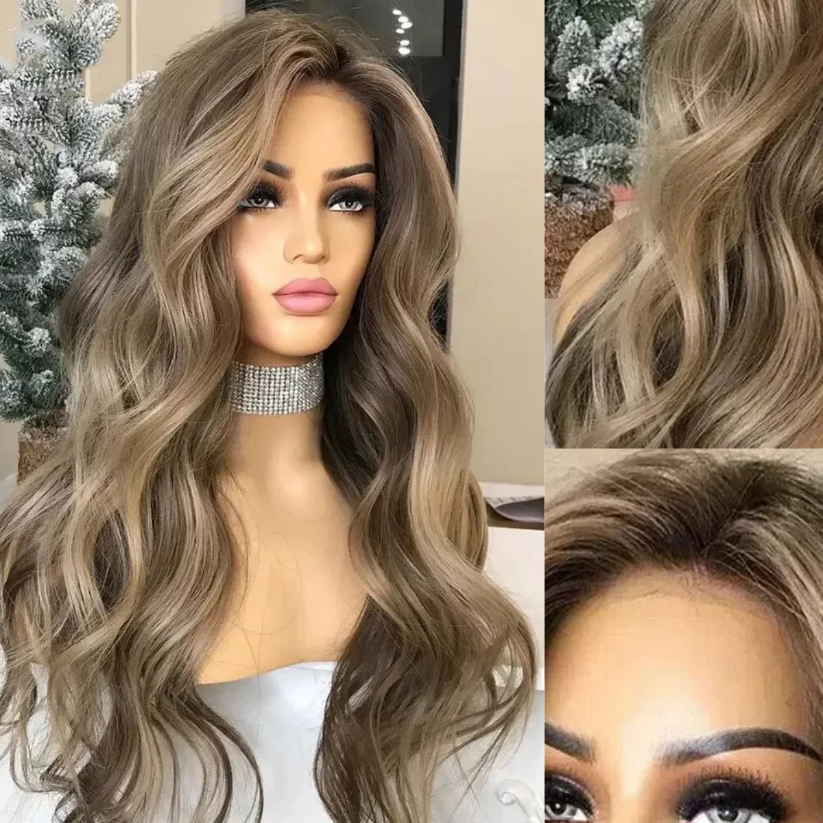 

Женский парик Объемная волна Карамельно-коричневый Синтетические кружевные фронтальные парики с темными корнями Красивые бесклеевые 13*4 HD Прозрачные парики на шнурке