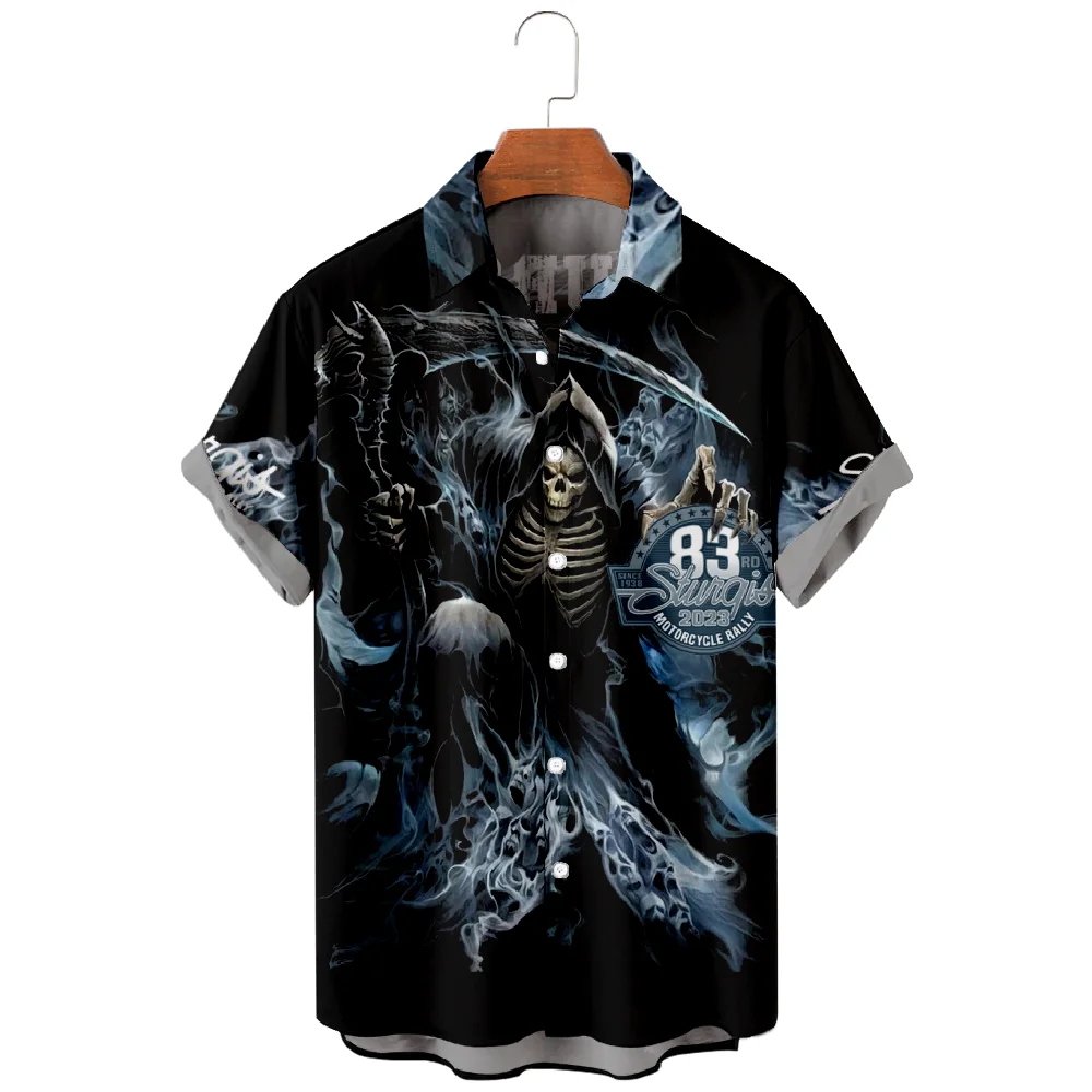 Casual Shirts Voor Mannen Skelet Death God Print Shirts Met Korte Mouwen Zomer Strandvakantie Tops Ademend