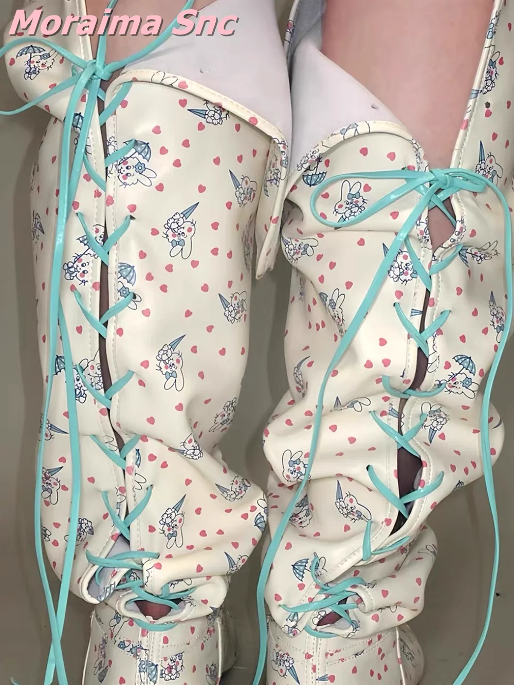 

Sweet Little Rabbit Printed Over-the Knee Boots Cross Strap Lace-up Round Toe Flat With Fashion Women Thigh High Boots Winter