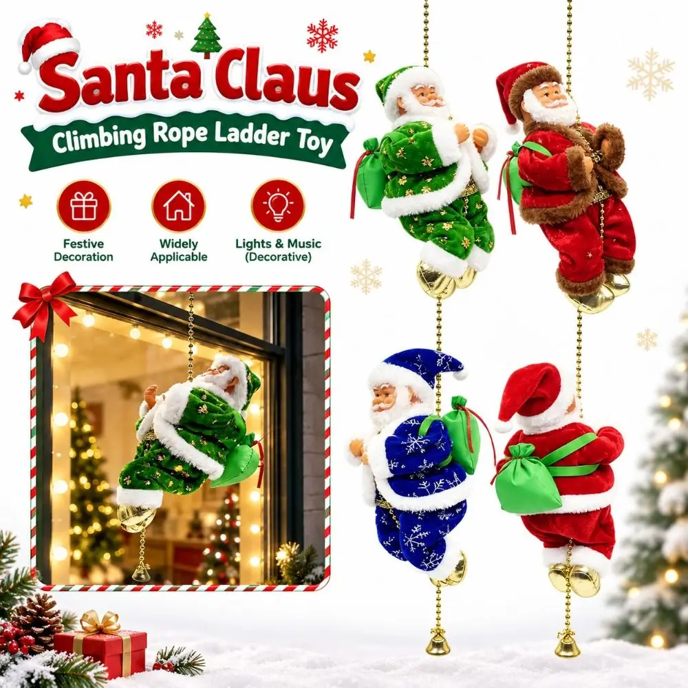 Electric Santa Claus Climbing Rope Ladder Motorized Climbing Glowing Light Santa Claus Hanging Ornament Musical Function