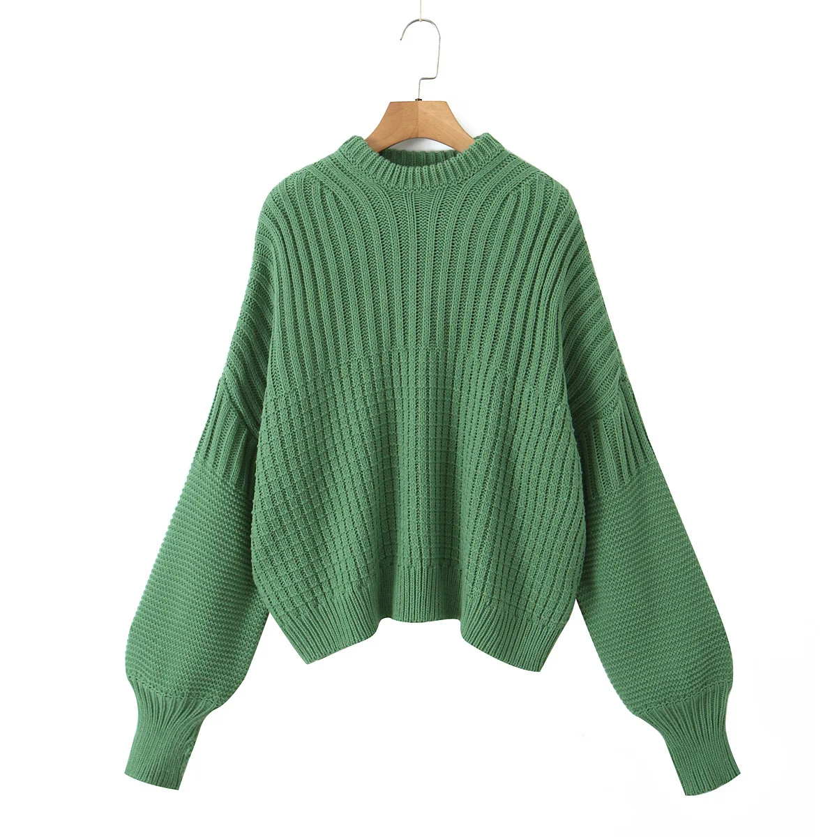 2024 Autumn Green Rib Knitted Full Sleeve Pullover Sweater O neck Loose Jumper Knitwear Yellow