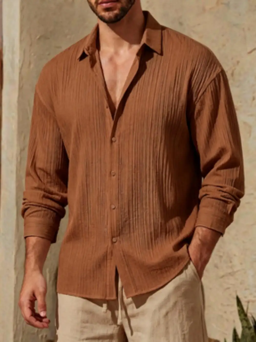 Men's Solid Color Linen Long Sleeved Shirt, Comfortable Daily Wear, Wave Pleated American Retro Style Shirt