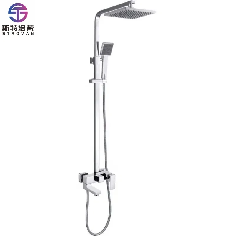 

Brass Shower Set with Square Rainfall Shower Sets Contemporary Exposed Shower Faucet System Hot Cold Water Mixer