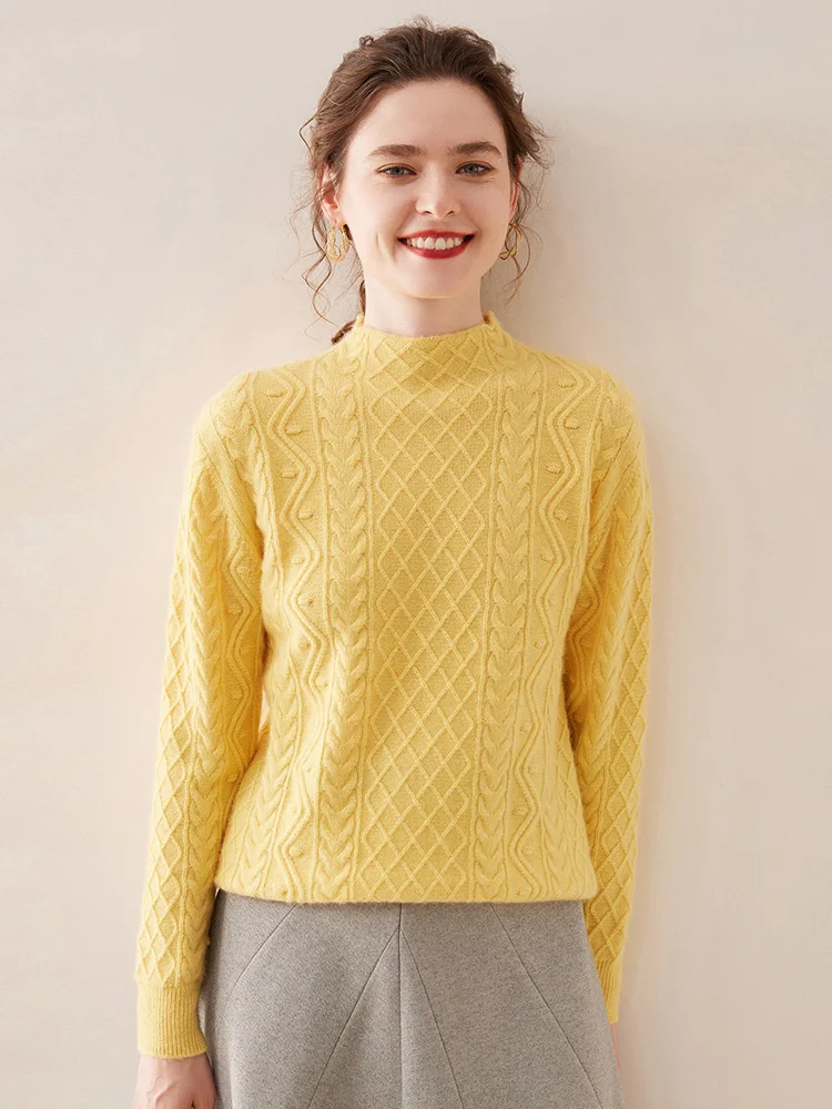 Aliselect  Fashion Thick Autumn Winter 100% Cashmere Sweater Women Pullover Mock Neck Sweater Warm Knitted Twisted Tops Clothing