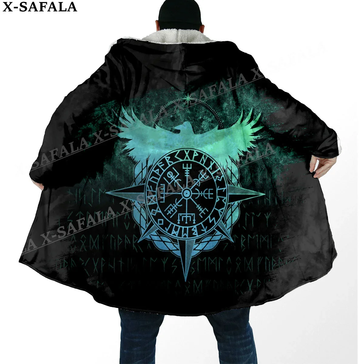 

Norse Mythology Vegvisir Viking Symbol Thick Warm Hooded Cloak Men Overcoat Coat Windproof Fleece Cape Robe Hooded Blanket-2