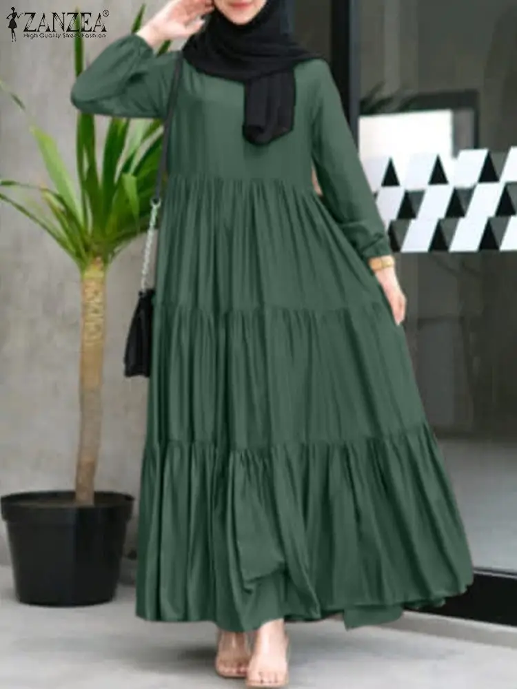 ZANZEA Women Autumn Sundress Vintage Long Sleeve Casual Ruffles Hem Muslim Dress Robe Femme Fashion Loose Abaya Hijab Vestido