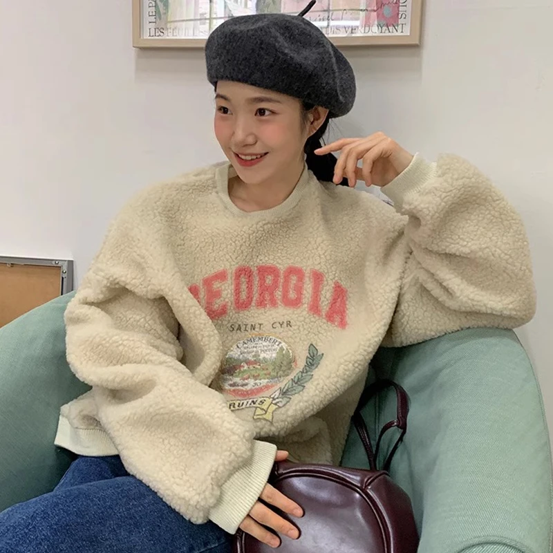 

Retro Chic Long Sve round Ne Lamb Fur Printed Sweatirt Women's Loose Fit Versatile Sle Autumn Winter Comfortable Cre...