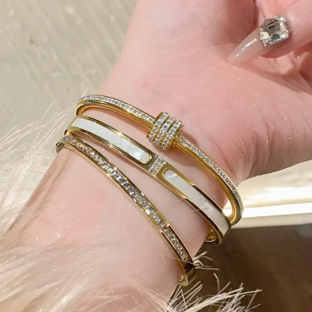 Luxury Stainless Steel Zircon Wide Bracelet for Women New Korea Fashion Wedding Bride Bangle Jewelry Accessory Gift Colorfast